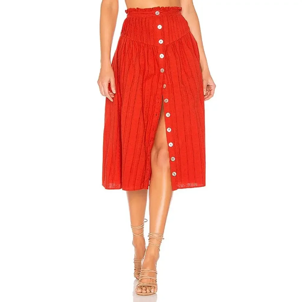 Tularosa Kit Midi Skirt Cherry Red Button Front High Waist Large NWOT Boho Pinup - Picture 1 of 7